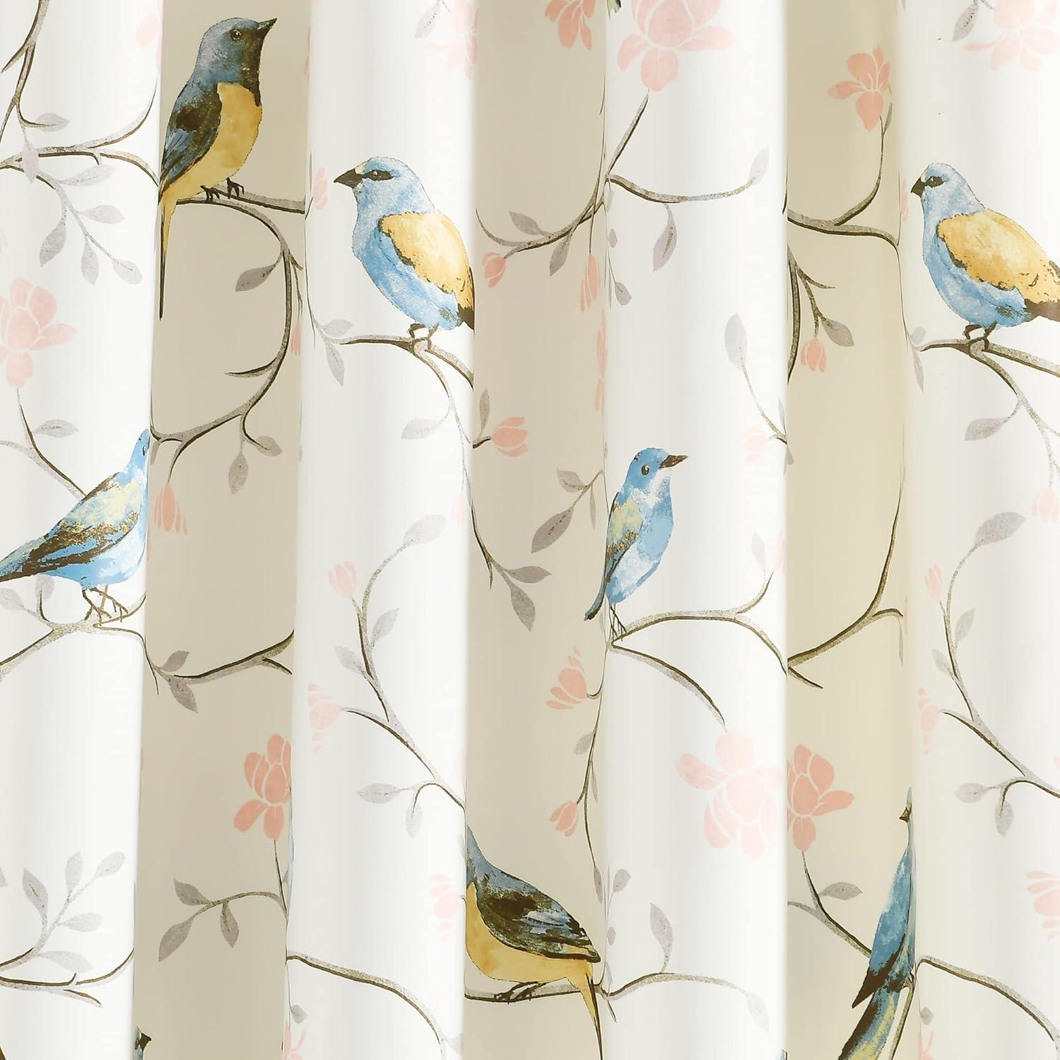 Botanical Bird and Flower Polyester Blackout Curtain Pair, 84" L x 52" W