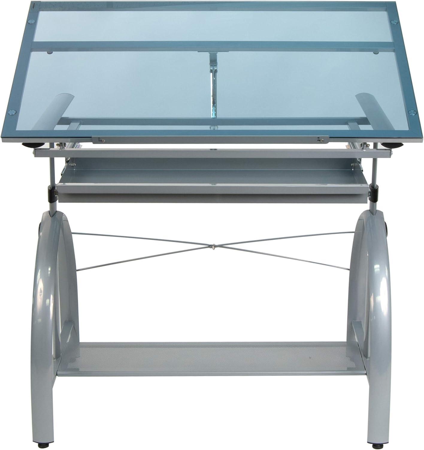 Avanta 42'' Silver Steel Drafting Table with Blue Glass Top