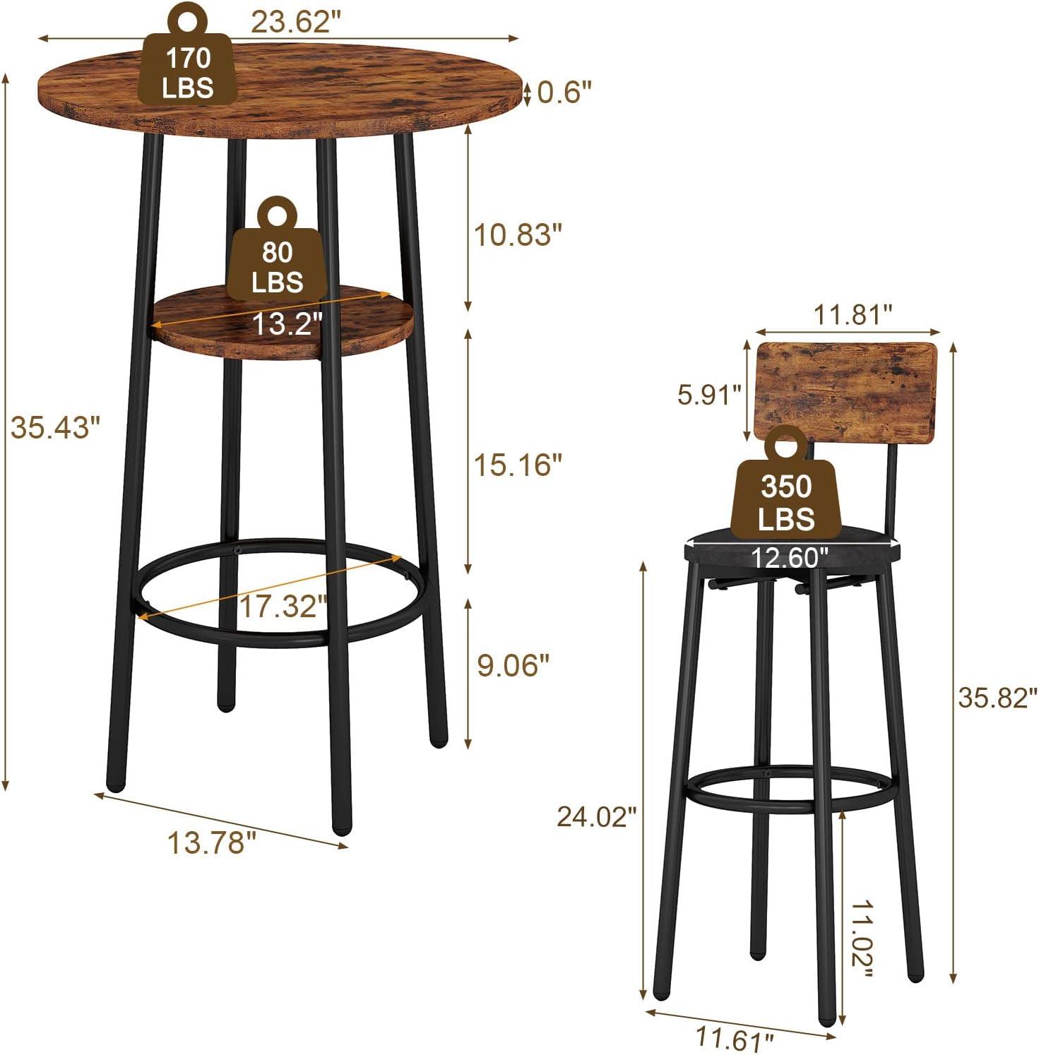 Rustic Brown and Black Metal 3-Piece Pub Table Set with Storage Shelf