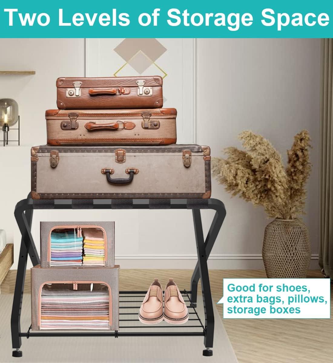 BINO Folding Luggage Rack With 2-Tiers Storage Shelf, Foldable Steel Frame Luggage Organizers For Suitcase, Metal Luggage Holder For Guest Room, Bedroom, Hotel, Closet, Black, 1Pack