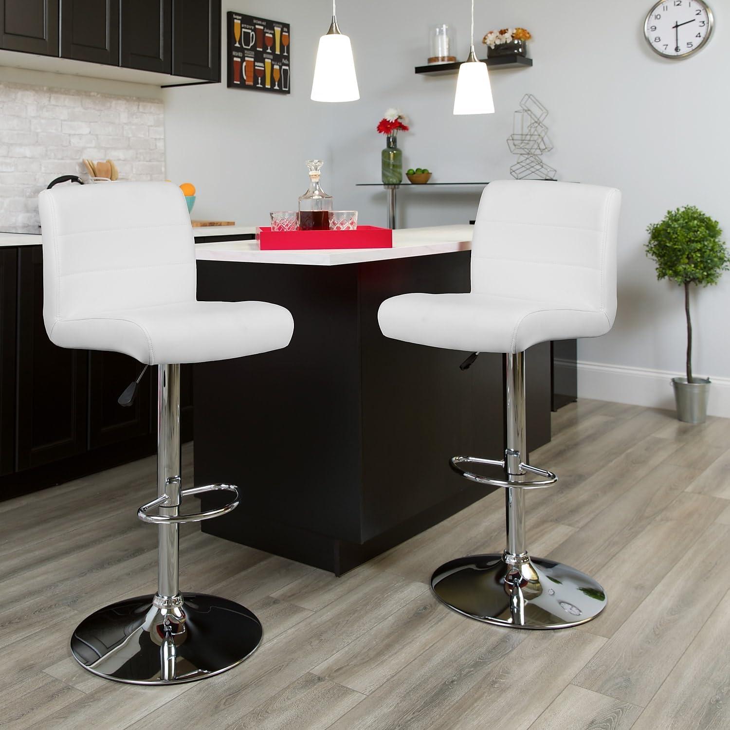 White Vinyl Adjustable Swivel Barstool with Chrome Base