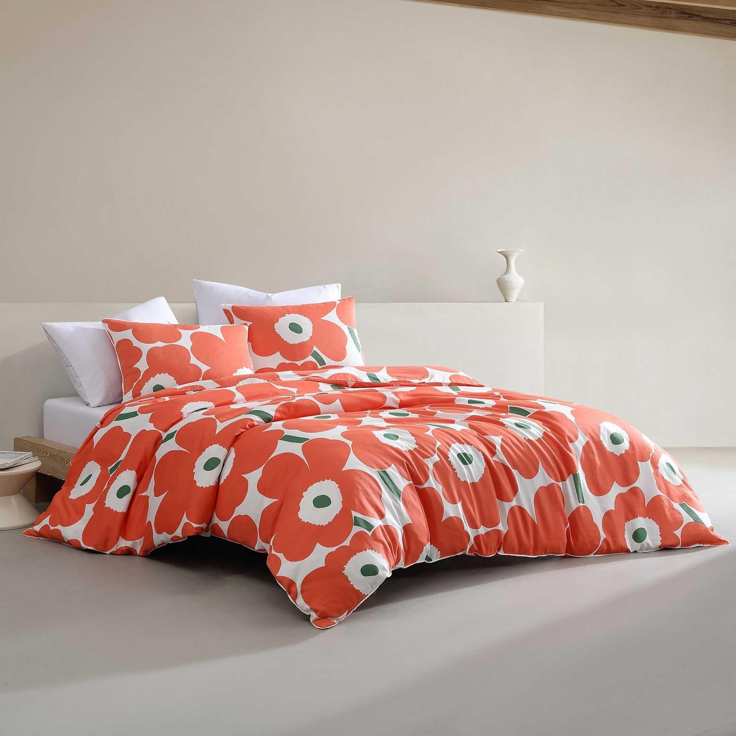 Unikko Orange and White Organic Cotton Queen Duvet Cover Set