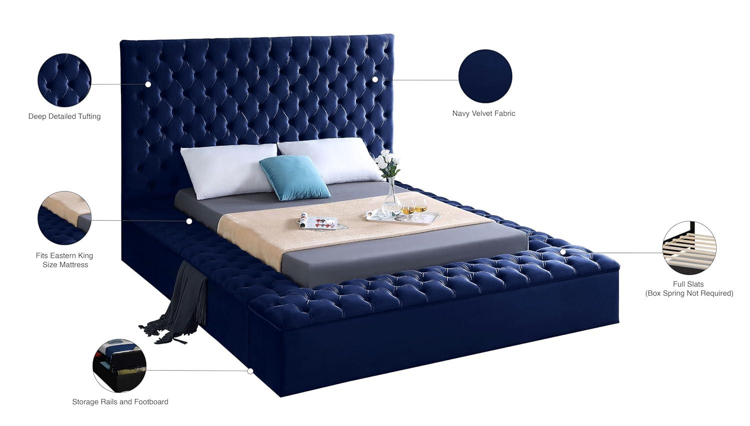 Bliss Navy Velvet King Bed (3 Boxes)-Color:Navy Velvet,Style:Contemporary