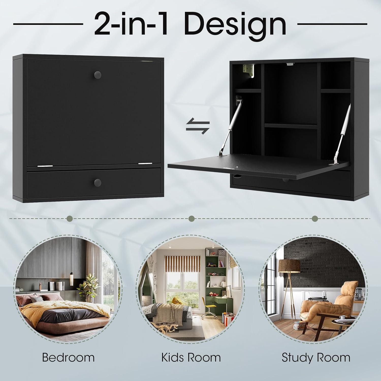 Tangkula Folding Wall Table - Floating Desk with Storage Drawer & Shelves (White)