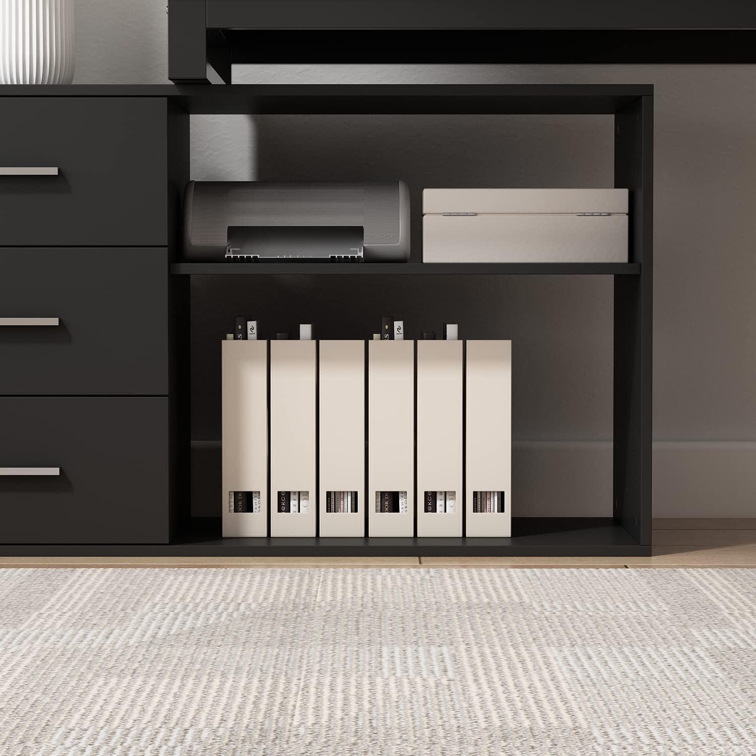 KULAGAGA L Shaped Computer Desk Corner Writing Workstation Table with Cabinet Drawer Storage for Home Office Study, Black