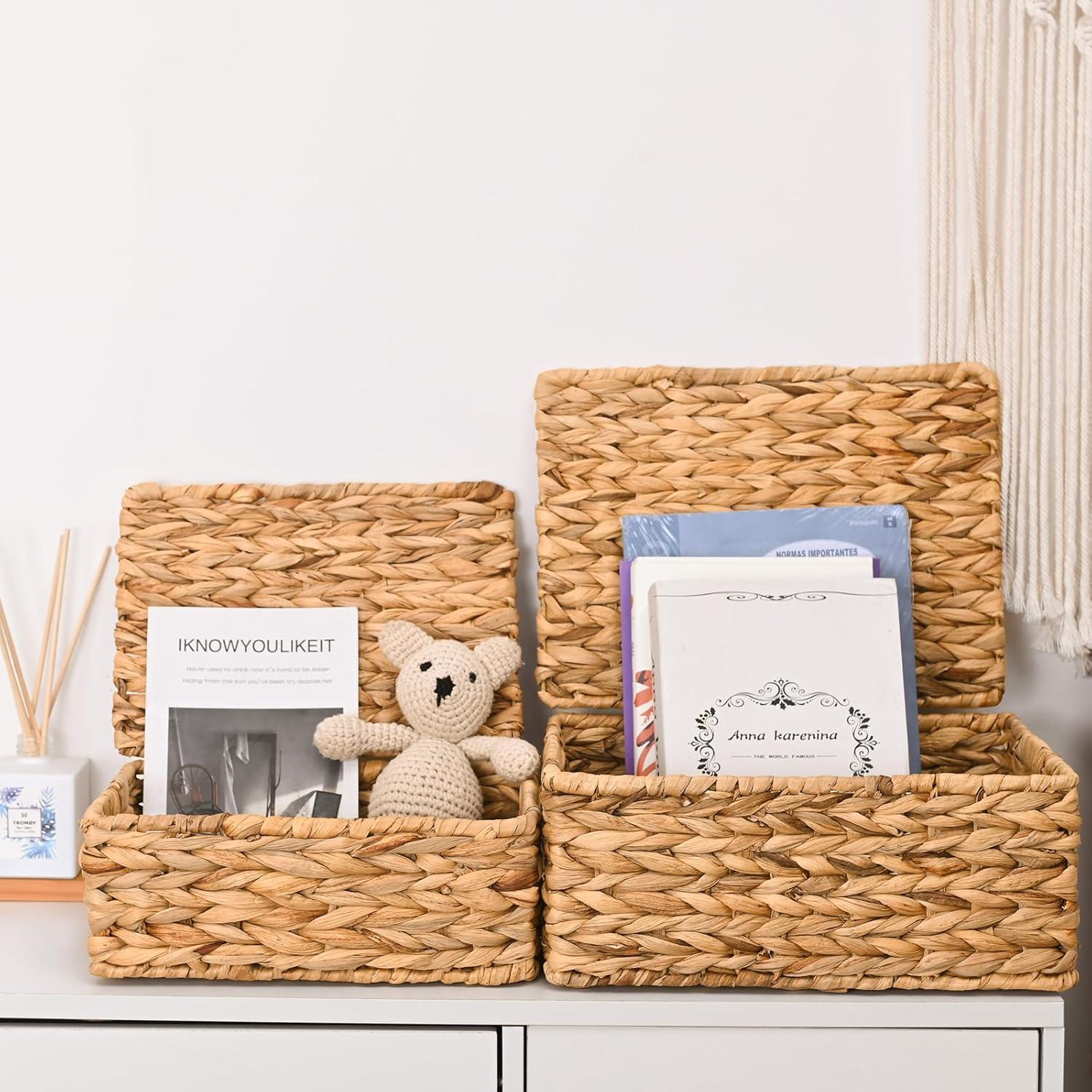 Gracie Oaks Wicker Storage Basket With Lid, Natural Decorative Wicker Basket For Shelf, Woven Baskets With Lids, 14In Lidded Basket, Rattan Storage Basket With Lid, Rattan Box Set Of 3 For Organizing