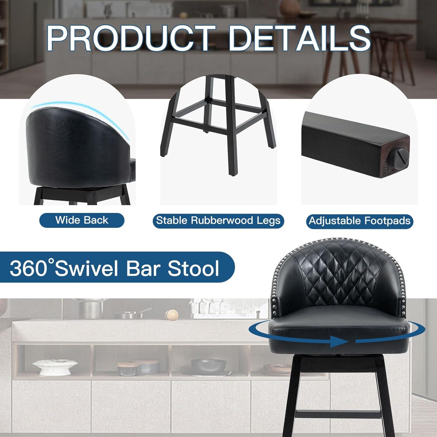 ECOTOUGE Swivel Barstools Set of 2, 29" Seat Height Bar Stools with Back & Rubber Wood Legs, PU Leather Counter Stools for Kitchen Island, Dining Room, Pub & Cafe (2PCS,Black)