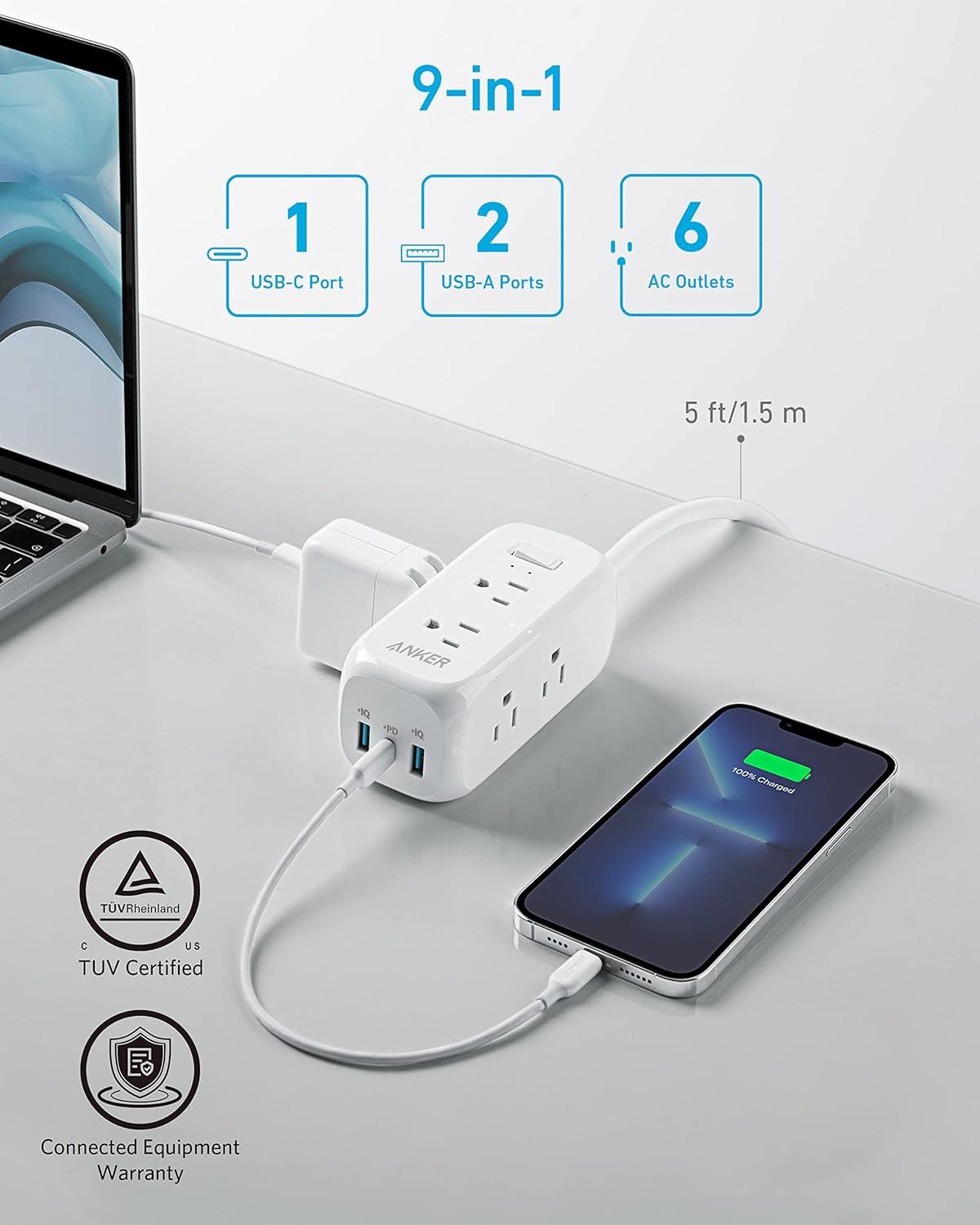 Anker 332 USB C Power Strip Surge Protector(300J),6 Outlets and 20W Power Delivery for iPhone 14/13, 3-Side Outlet Extender, 5ft Extension Cord