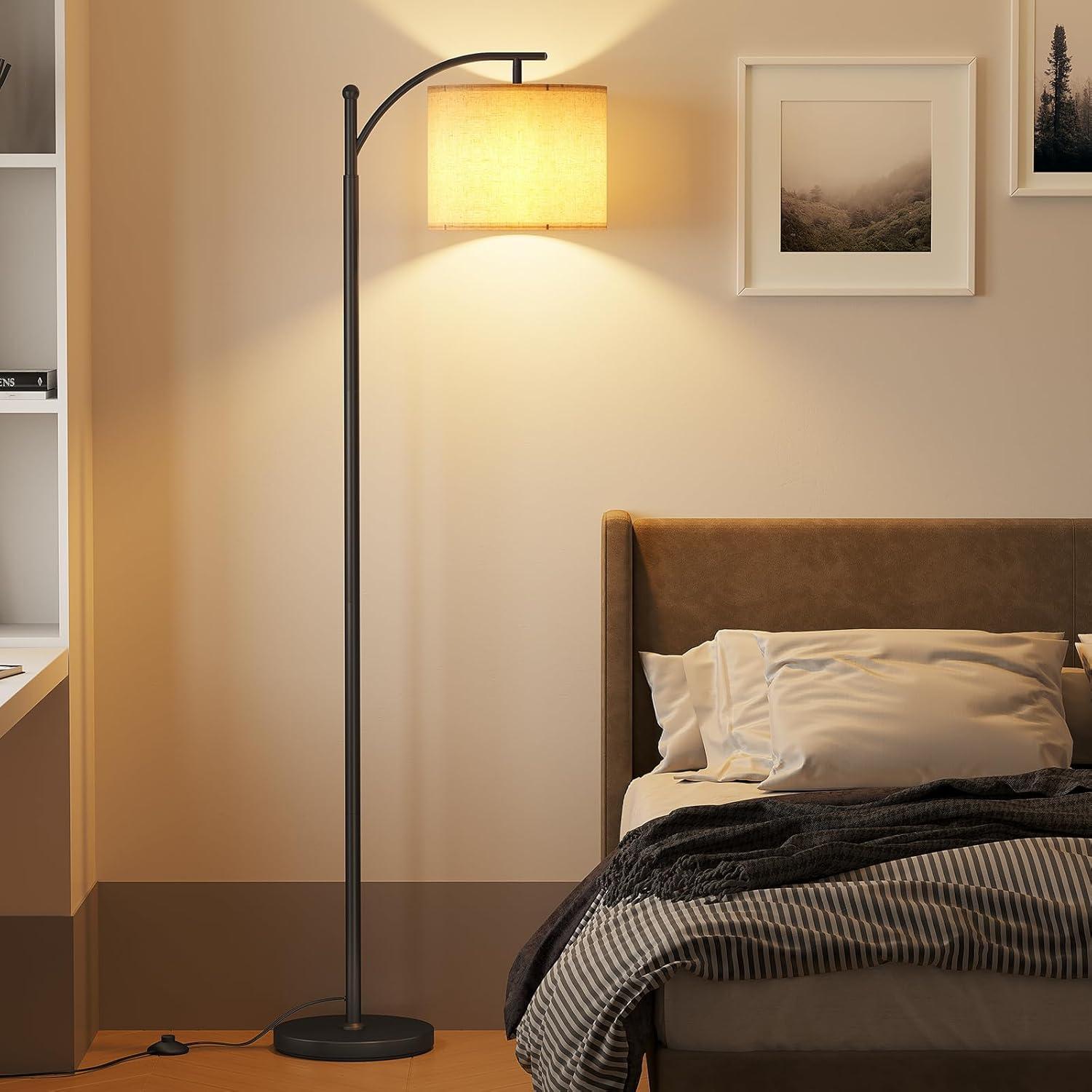 Adjustable Black Metal Arc Floor Lamp with Linen Shade