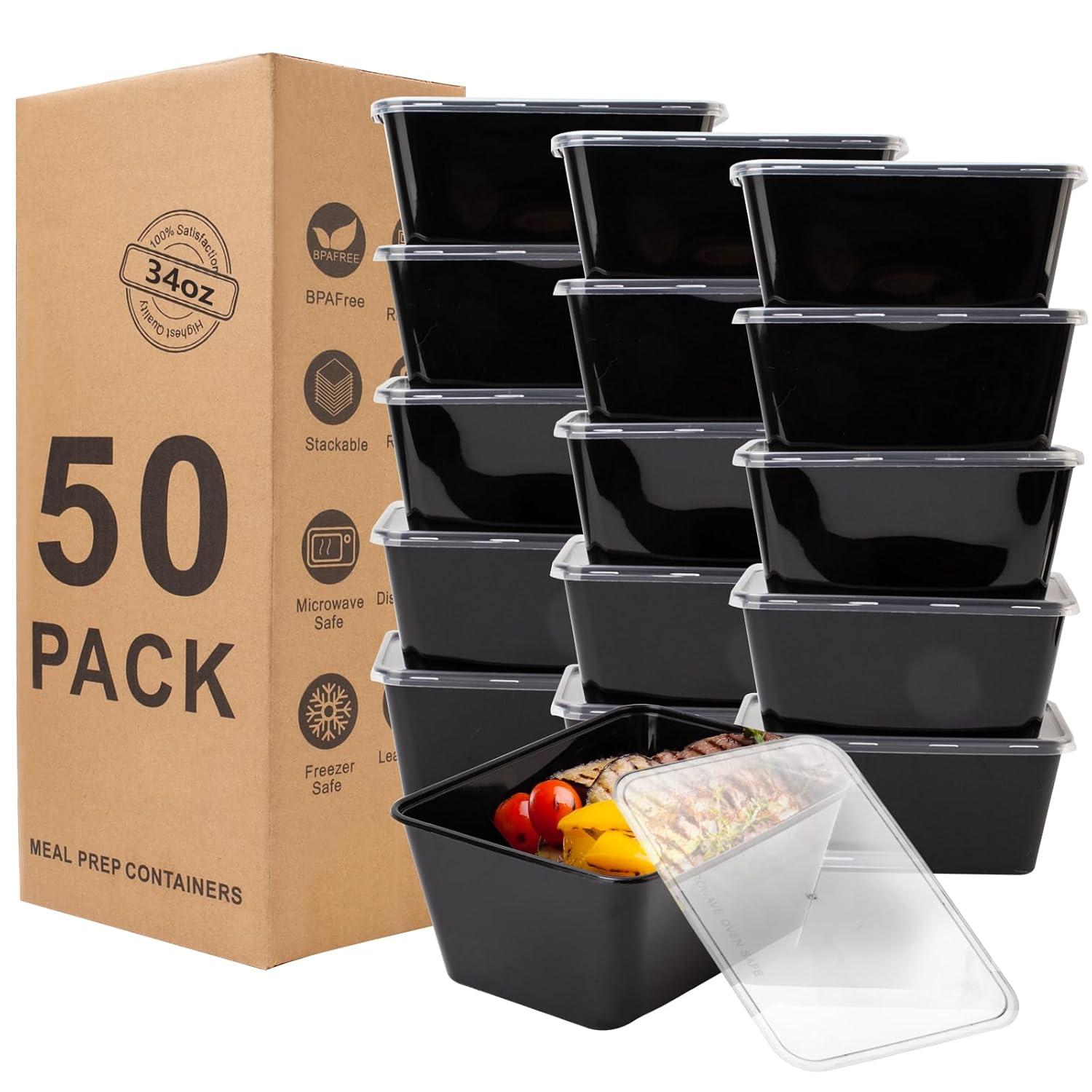 Meal Prep Containers 50Pack - 34oz Food Storage Containers with Lids, Reusable Food Prep Containers, Disposable To Go food Containers for Takeout, BPA Free, Stackable, 1000ml, Microwave/Freezer Safe