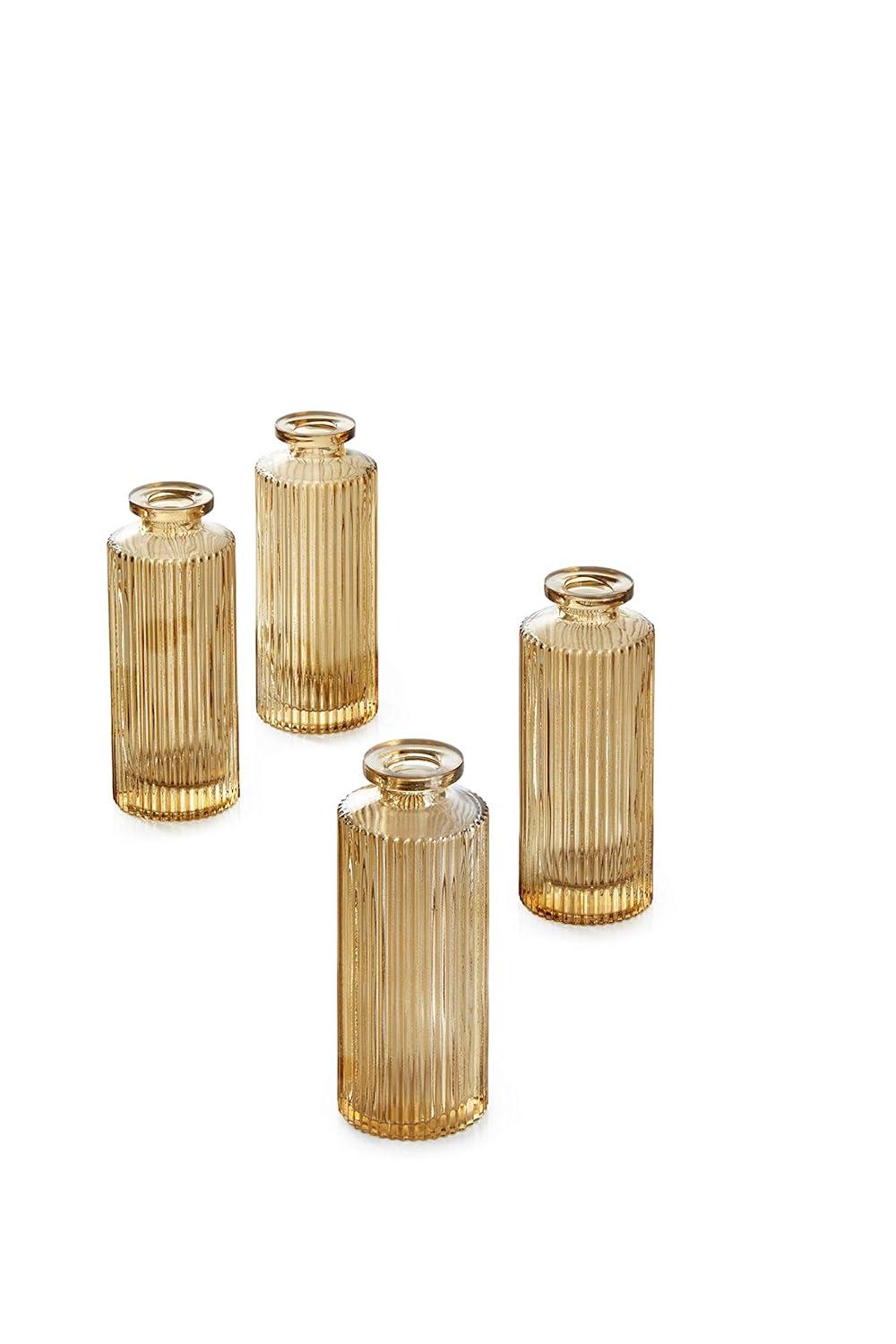 Serene Spaces Living Set of 4 Amber Pleated Bud Vase, Vases for Centerpieces for Home Decor, Events, Weddings, Parties, Measures 5.25" Tall and 2" Diameter
