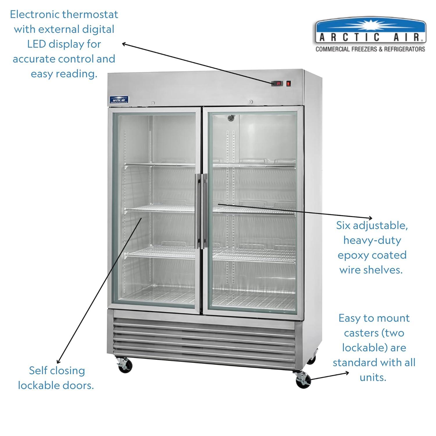 Arctic Air AGR49 Two Door Glass Reach-In Refrigerators, 2 doors 6 shelves, 33DF to 41DF, 49 cu. ft, Stainless Steel