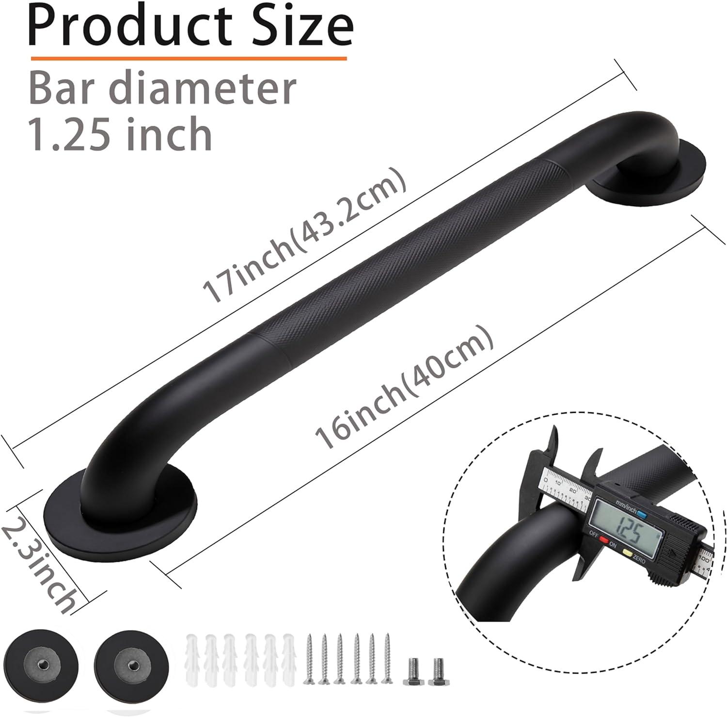 Black 16-Inch Stainless Steel Anti-Slip Shower Grab Bars, 2-Pack