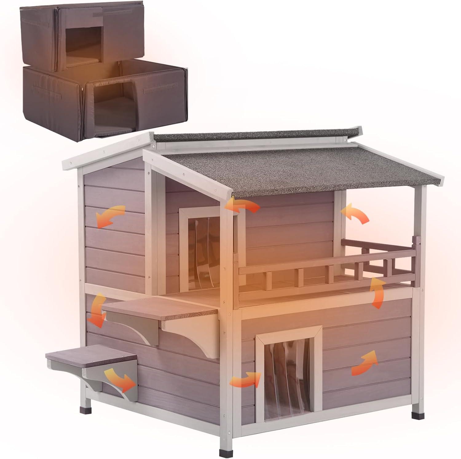 Insulated Two-Story Gray Outdoor Cat House with PVC Door