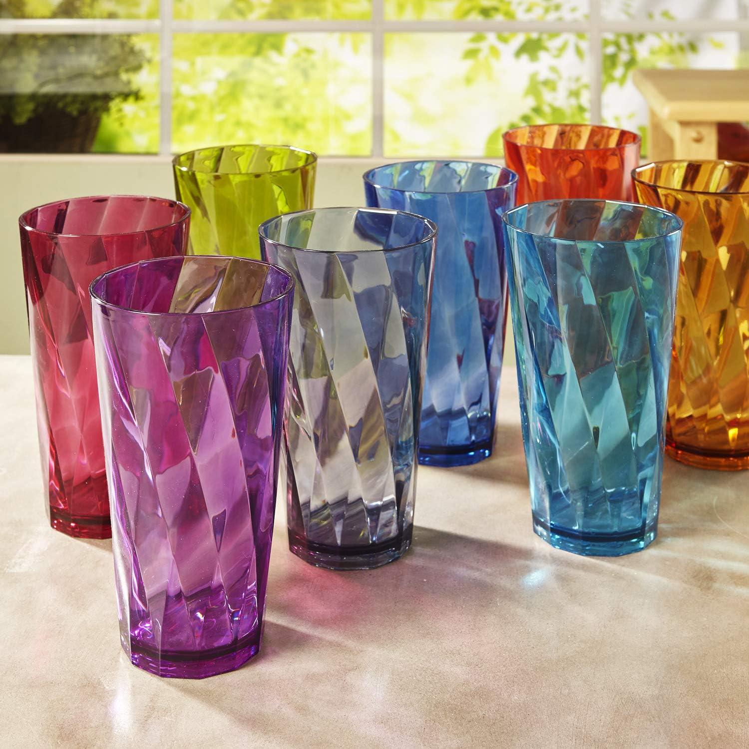 Jewel Tone Rainbow Plastic Drinking Glasses Set of 8, 20oz