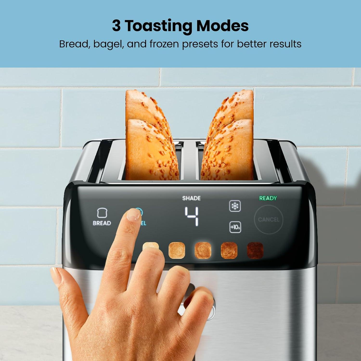 Chefman Smart Touch 4 Slice Digital Bread Toaster, 6 Shade Settings, Bagel Mode - Stainless Steel, New