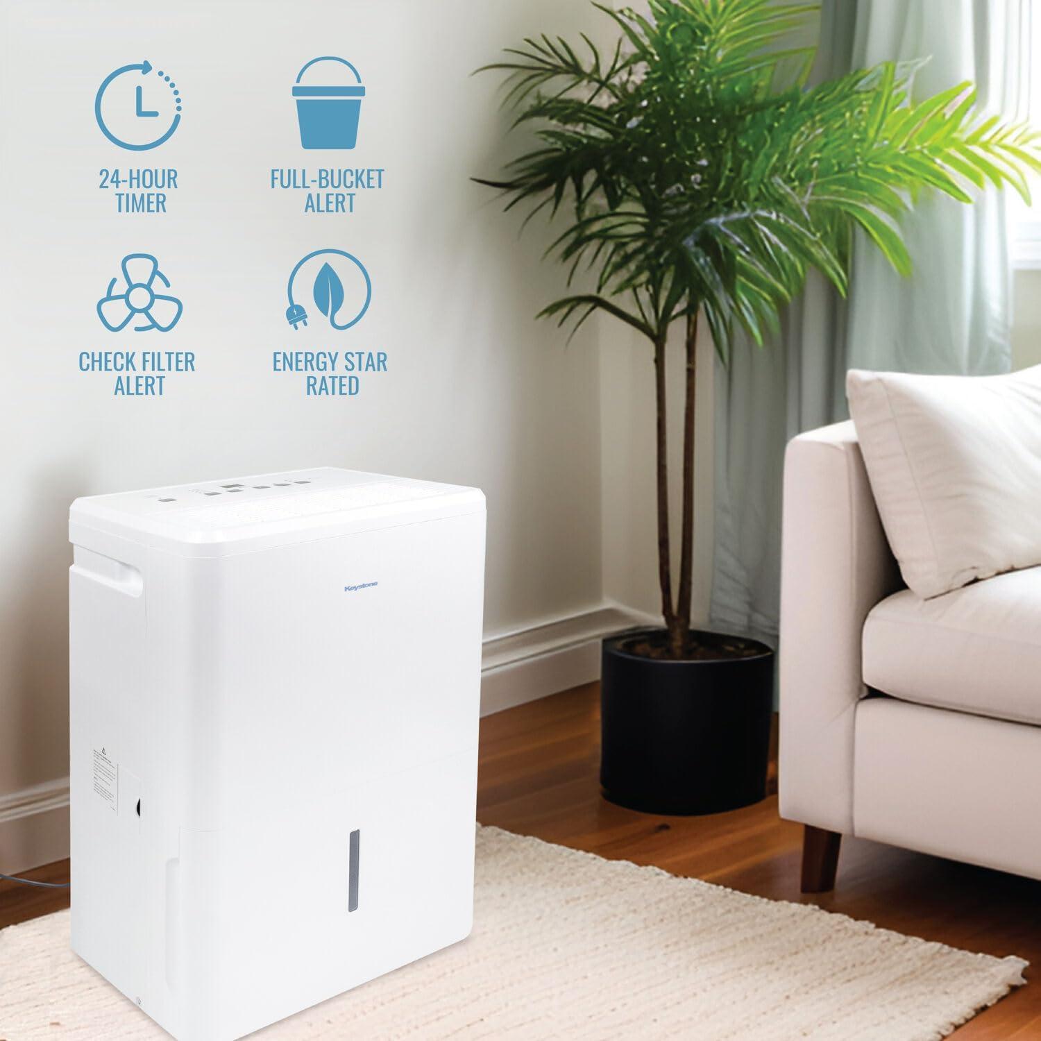 Keystone 50-Pint Portable Dehumidifier, 115V, for Rooms up to 4500 Sq.Ft, White