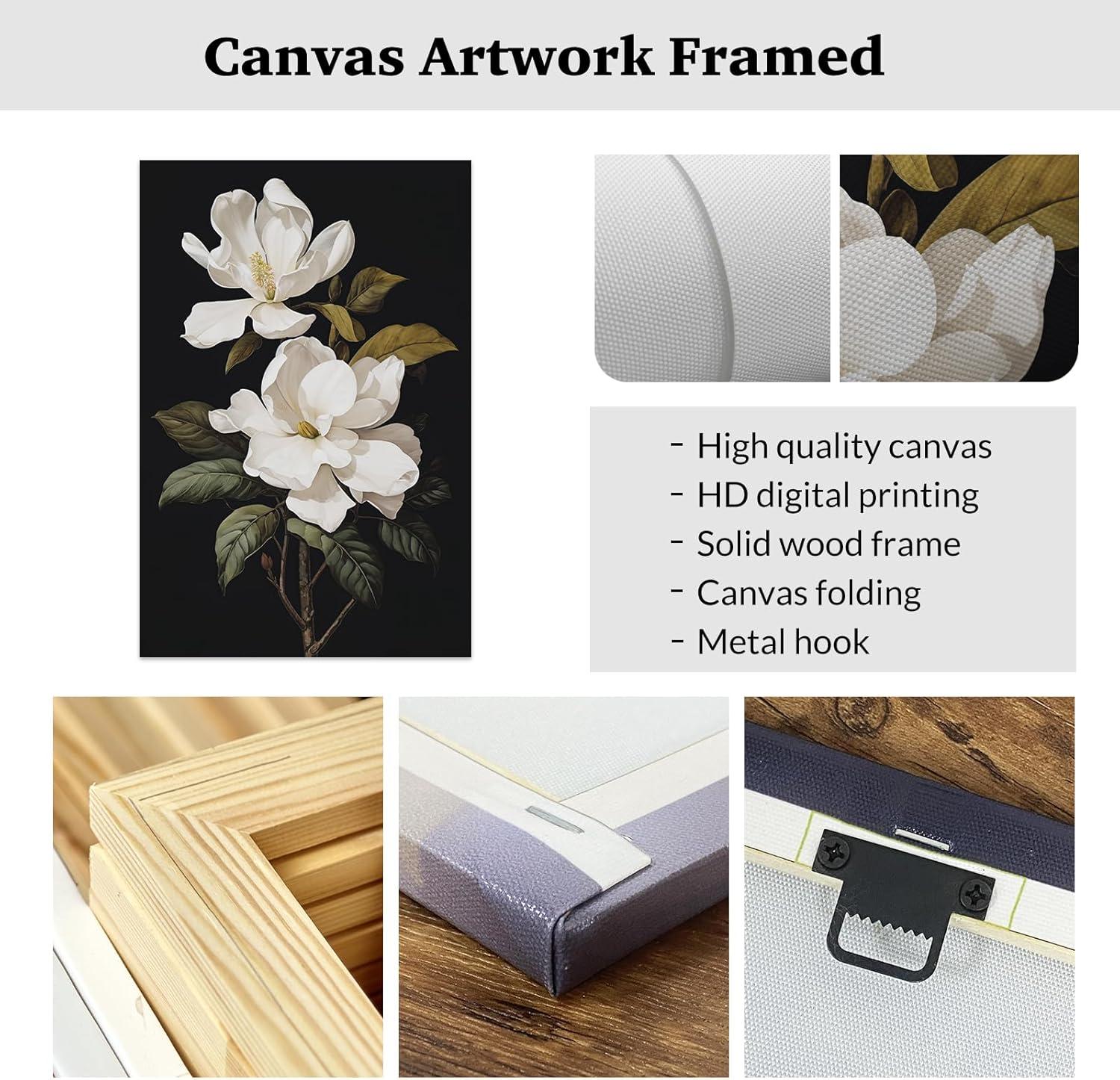 White Magnolia Floral Canvas Art with Solid Wood Frame