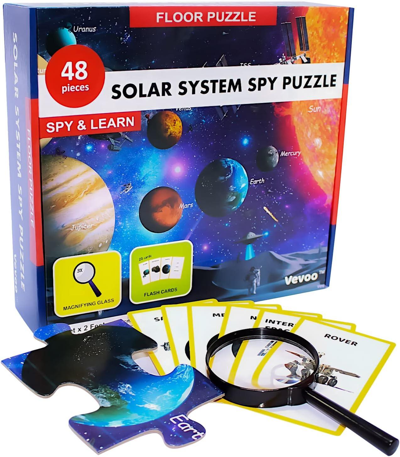 Solar System Spy Puzzle with Flashcards and Magnifying Glass 2ft X 3ft- Large 48 Piece Space Floor Puzzles for Kids Ages 4-8 Years Old-Gift for Boys and Girls 3,4,5,6,7,8