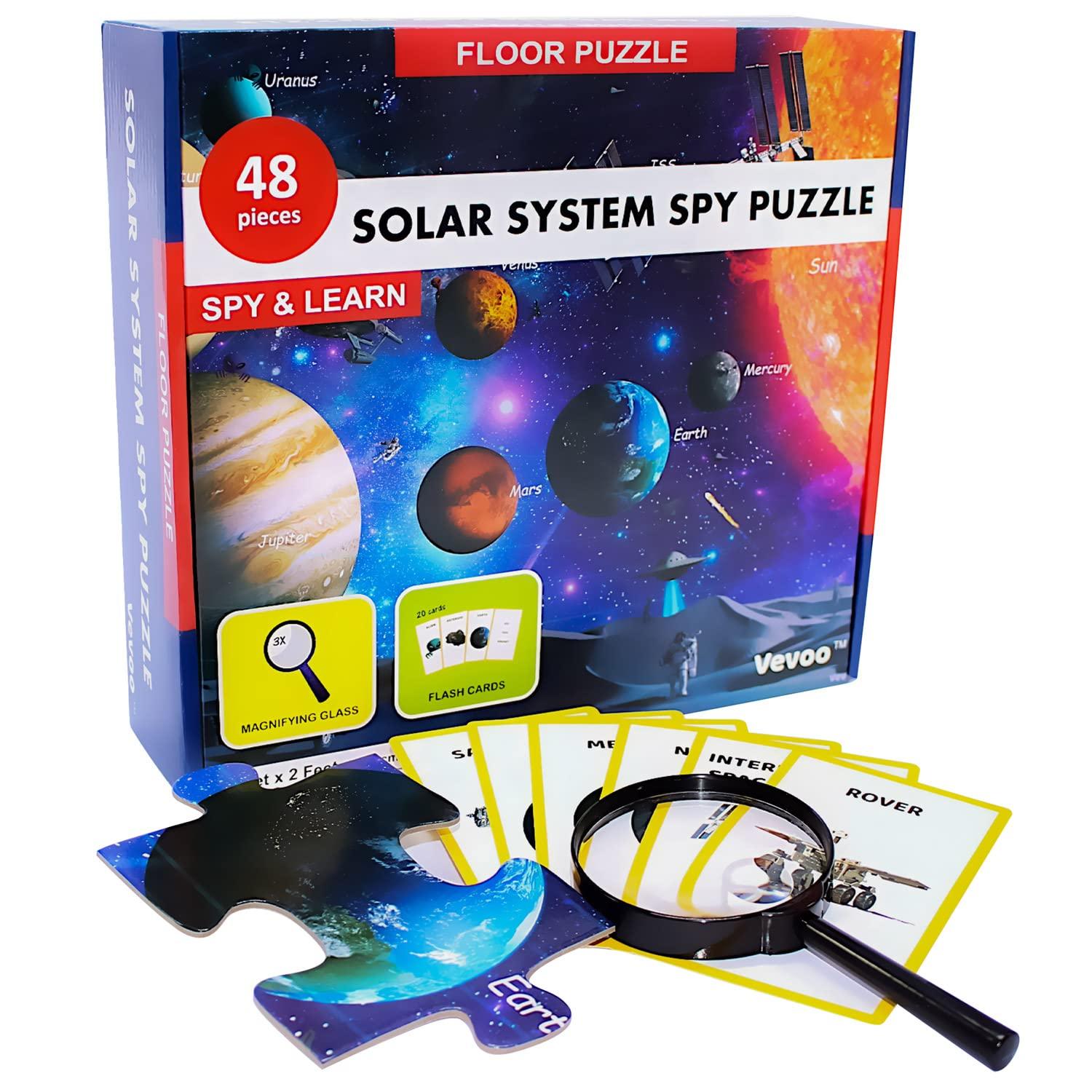 Solar System Spy Puzzle with Flashcards and Magnifying Glass 2ft X 3ft- Large 48 Piece Space Floor Puzzles for Kids Ages 4-8 Years Old-Gift for Boys and Girls 3,4,5,6,7,8