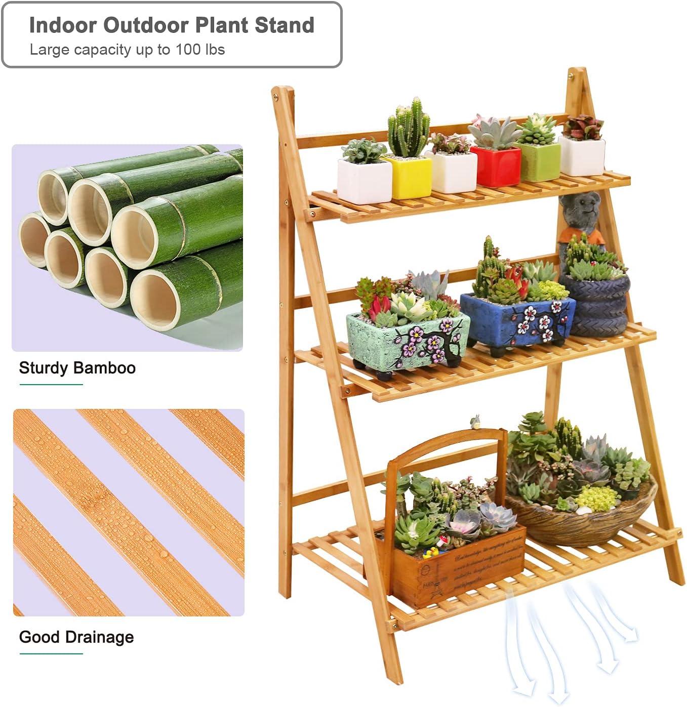 Natural Bamboo 3-Tier Foldable Ladder Plant Stand