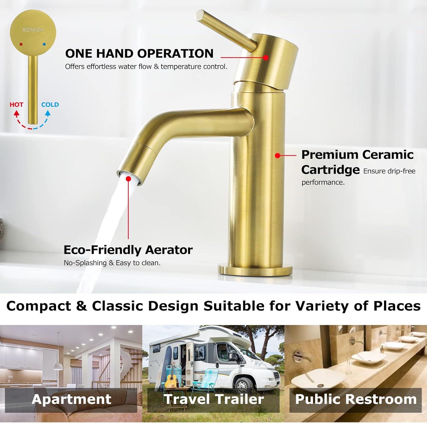 Brushed Gold Brass Single Handle Bathroom Faucet with Pop-Up Drain