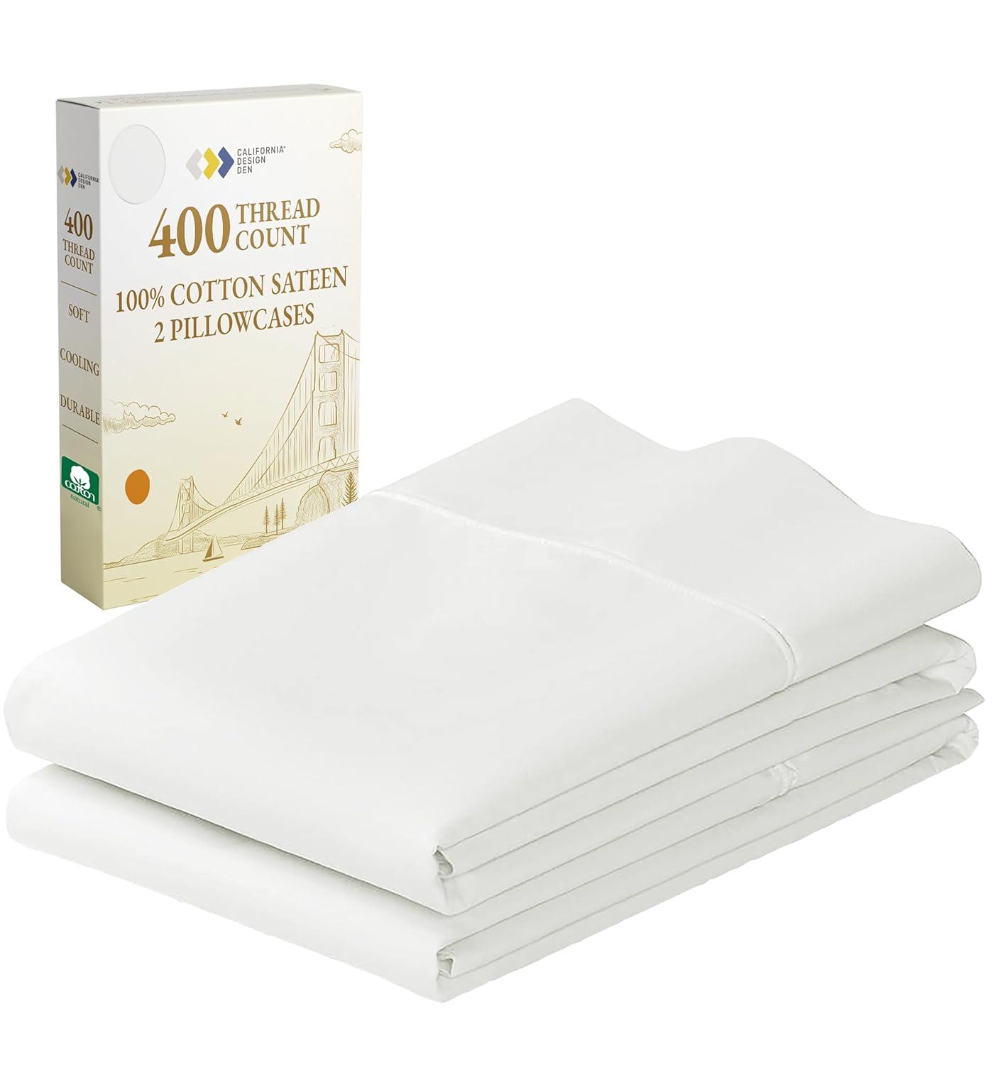 400 Thread Count Pillowcases, 100% Cotton Sateen, Soft & Cooling by California Design Den - Ivory, Standard/Queen Pillowcases