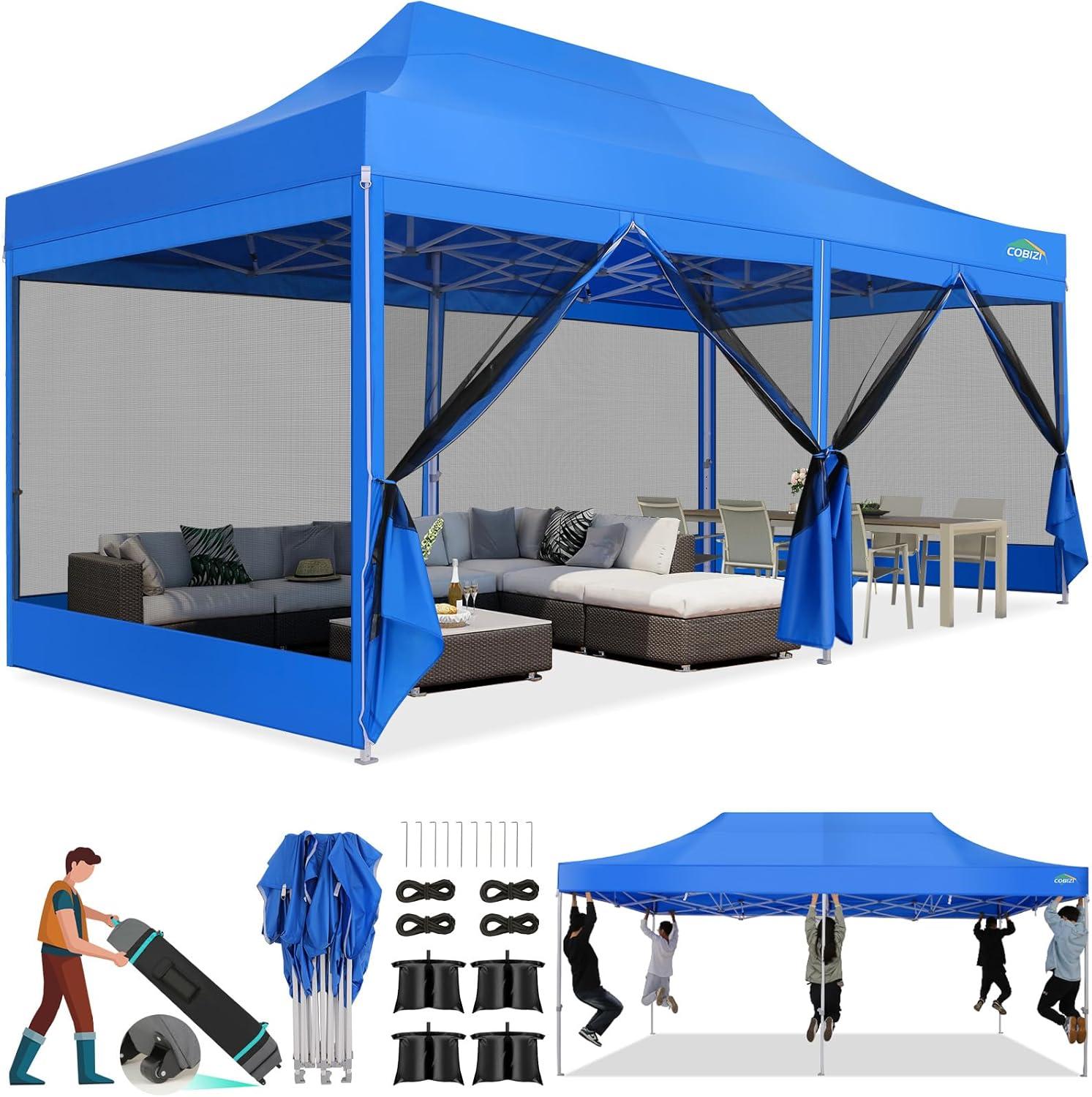 Blue 10x20 Heavy Duty Pop-Up Canopy Tent with Mesh Sidewalls