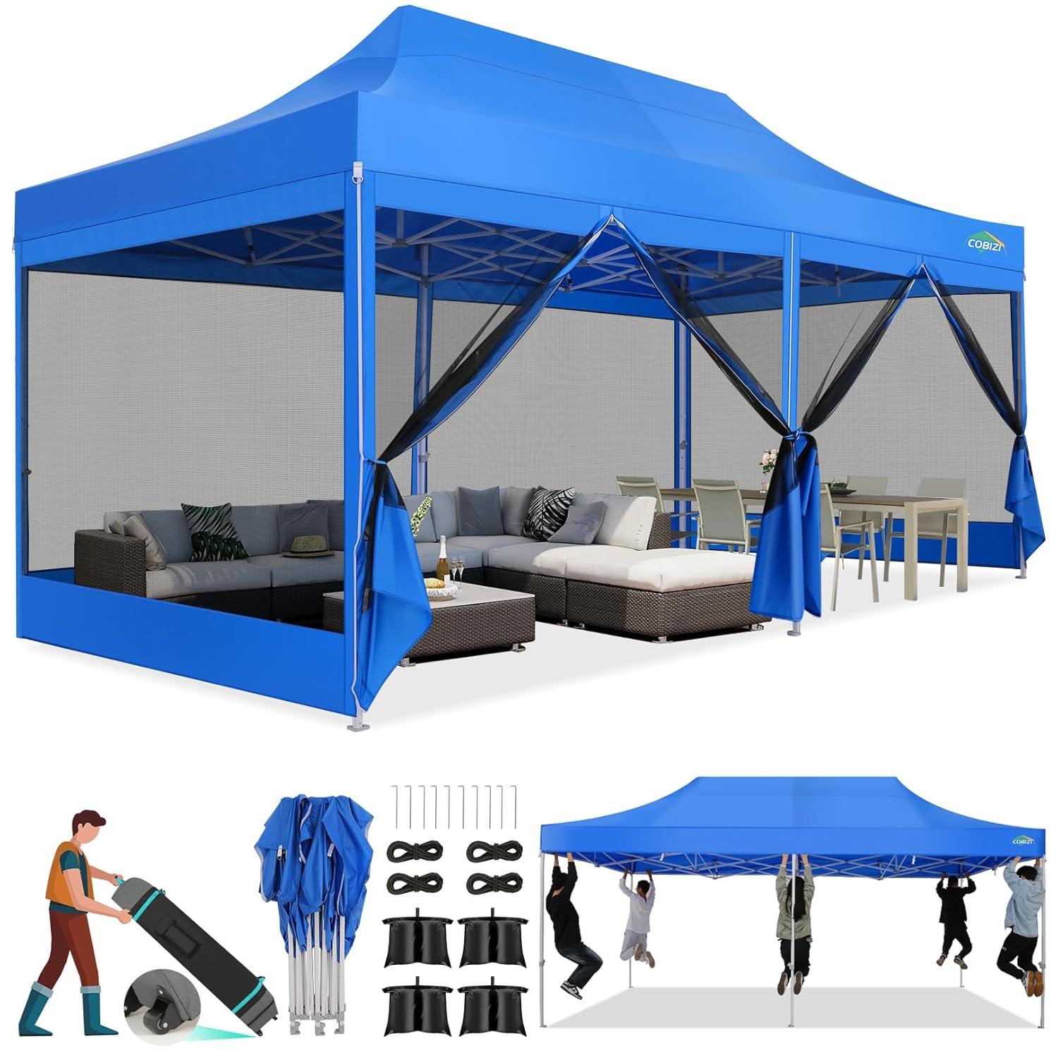Cobizi 10x20 Canopy Tent, Heavy Duty Pop up Canopy with Sidewalls, Waterproof Easy Setup Canopy with Mosquito Netting, Outdoor Instant Screen Tents for Parties, Wedding, Backyard with Carry Bag