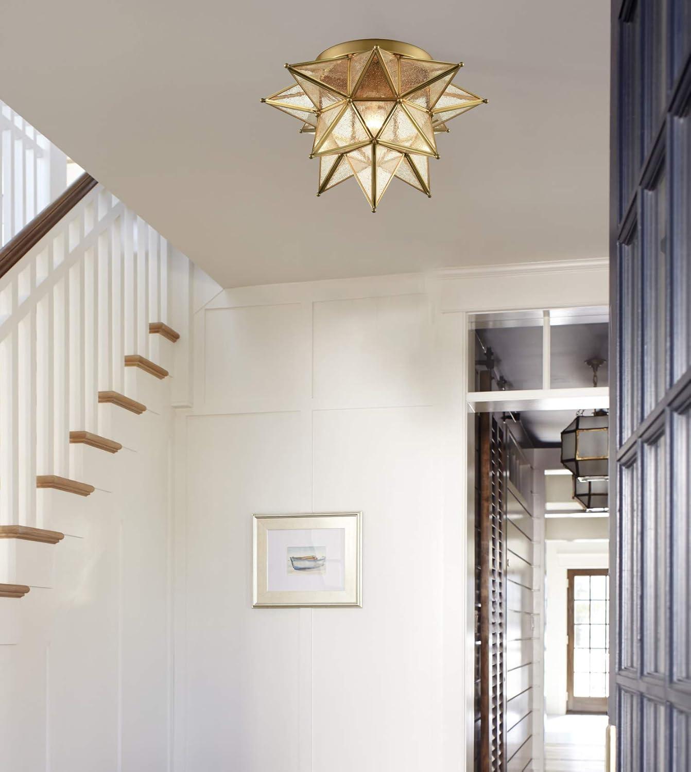 Modern Moroccan Seeded Glass Brass Moravian Star Flush Mount Ceiling Light
