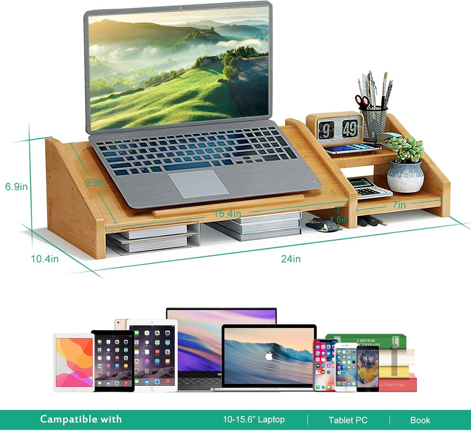 Adjustable Bamboo Laptop and Monitor Stand with Storage Shelves