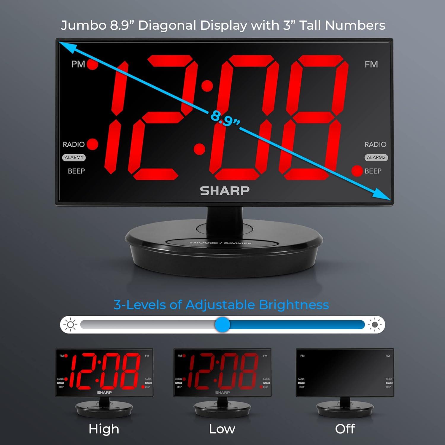 Sharp 8.9" Black Digital Alarm Clock with LED Display and FM Radio