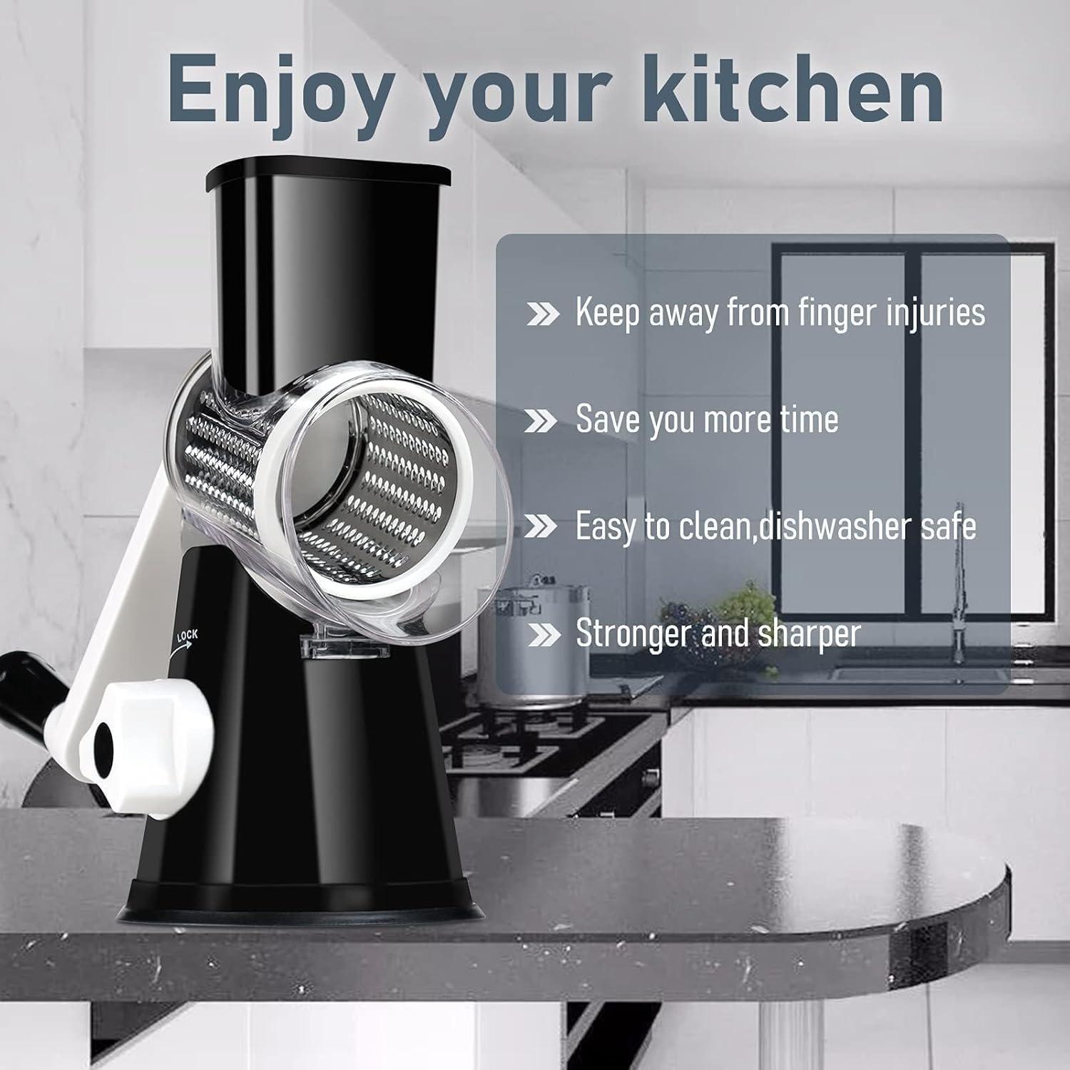 KEOUKE Rotary Cheese Grater with Handle - 3 Changeable Blades for Cheese, Vegetables, Nuts - Black