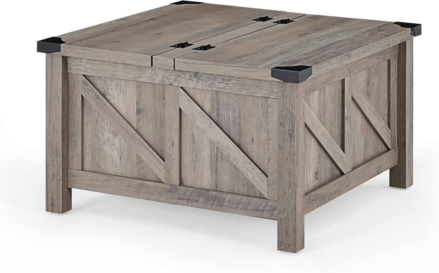 WAMPAT Square Farmhouse Coffee Table with Storage for Living Room, 30x30 inch Wooden Dining Center Table with Gas Spring Flip-Top for Large Hidden Storage, Metal Wrapped Table Corners, Washed Grey