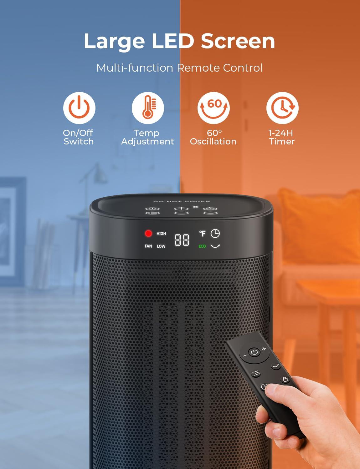 1500W Space Heaters for Indoor Use, PTC Ceramic Electric Heater Fast Heating with Remote, ECO, 59-95°F Digital Thermostat, Child Lock, 24H Timer, Oscillating Portable Electric Heater for Large Room