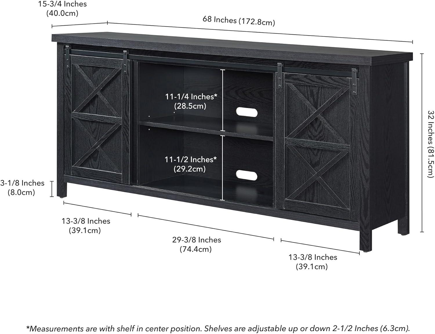 Elmwood Modern Farmhouse TV Stand with Sliding Barn Doors, Black Grain, 68"