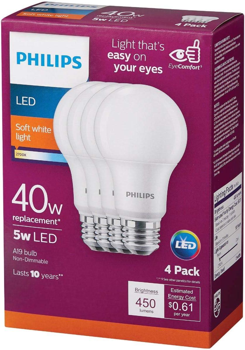 Philips LED 5 W (40 W Equivalent) frosted General Purpose Light Bulbs, A19 Bulb Shape, E26, Base (4 Pack)