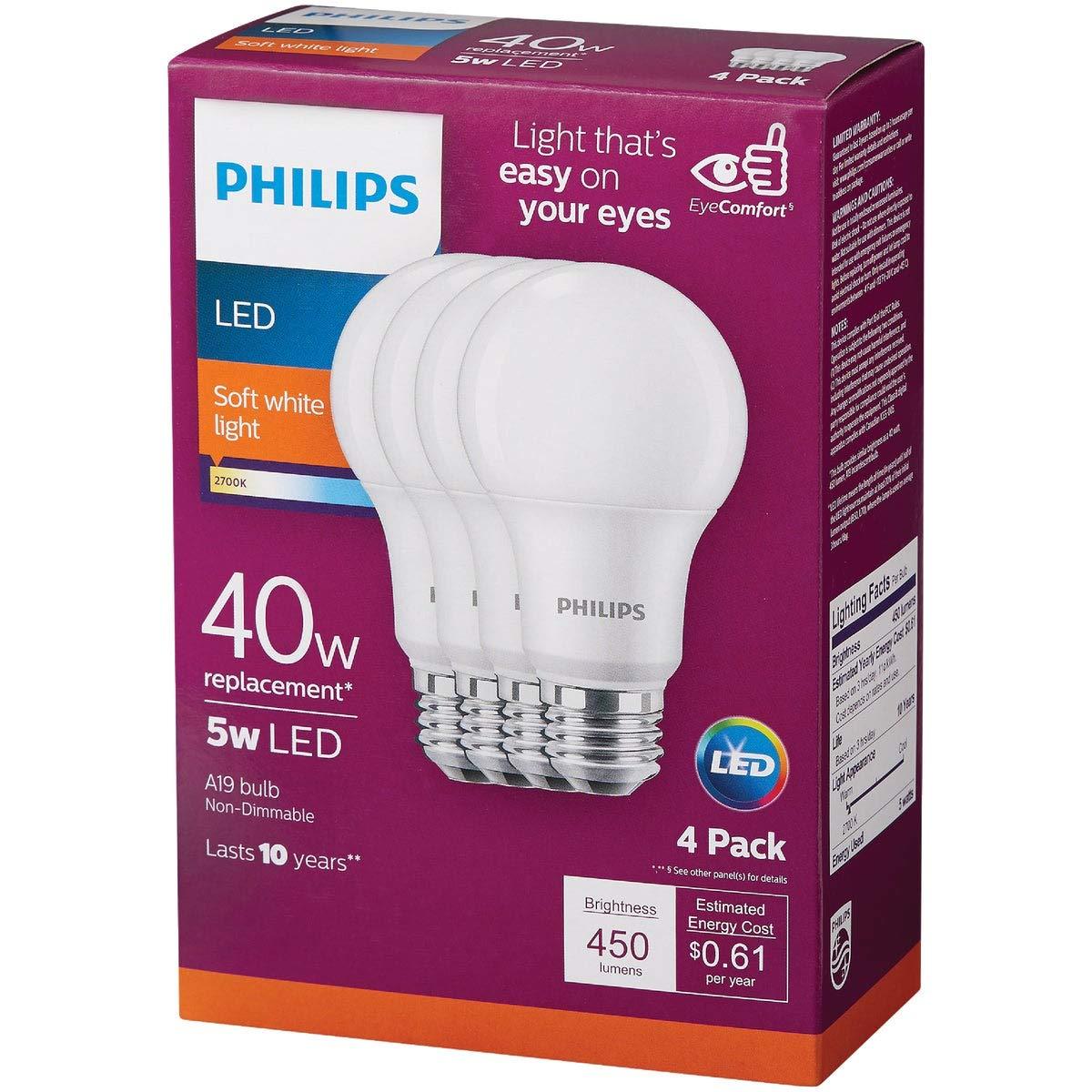 Philips LED 5 W (40 W Equivalent) frosted General Purpose Light Bulbs, A19 Bulb Shape, E26, Base (4 Pack)