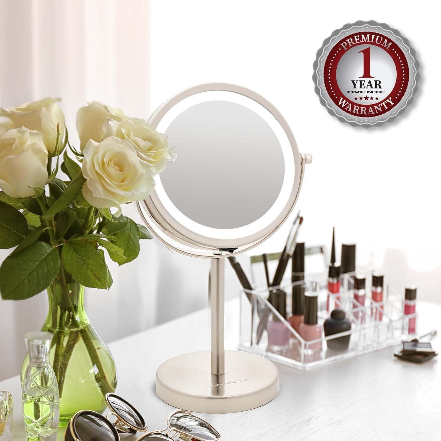 Ovente OVENTE 6" Lighted Makeup Mirror with 1X/7X Magnification, Cordless Tabletop Mount Vanity Round Mirror with 360° Swivel Design and Double Sided Cool Tone LED Ring Light, Nickel Brushed MLT60BR1X7X