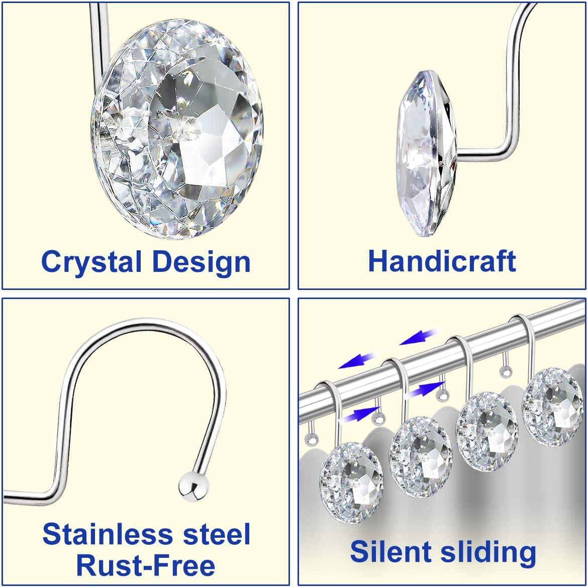 12PCS Stainless Steel Shower Curtain Hooks with Rhinestones