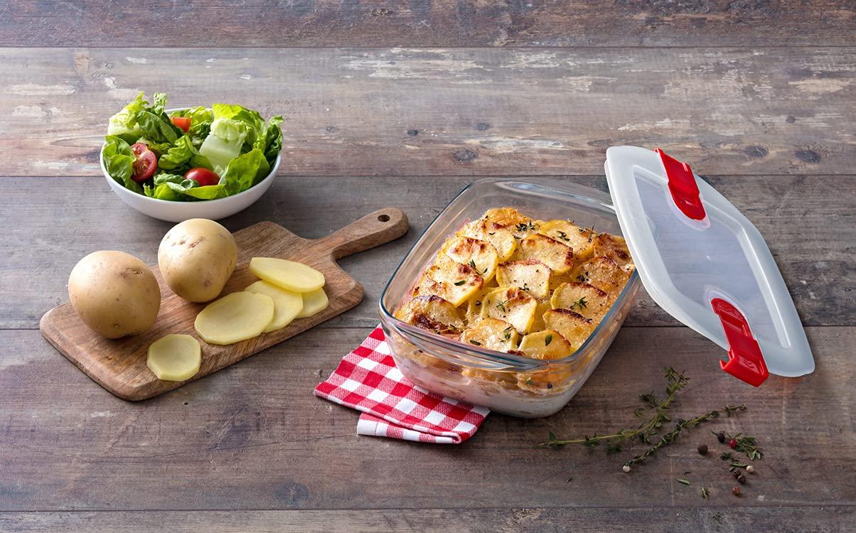 Clear Rectangular Glass Food Storage Containers Set with Red Lids