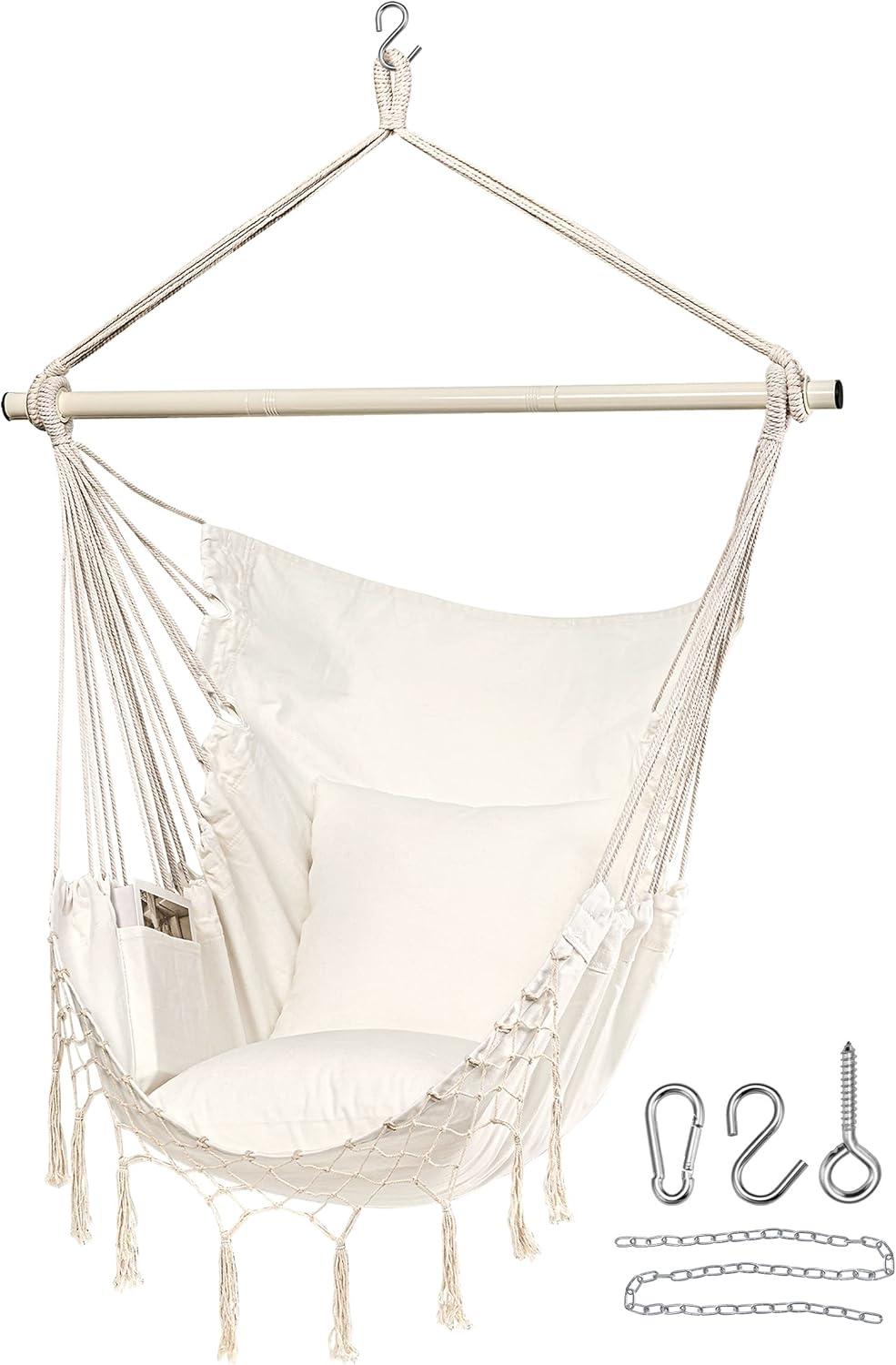 Large Beige Cotton Hanging Rope Hammock Chair with Pocket