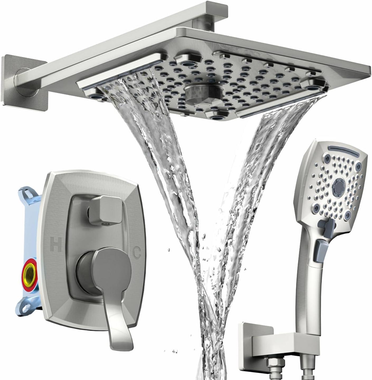 Brushed Nickel Multi-Head Rainfall Shower Faucet Set