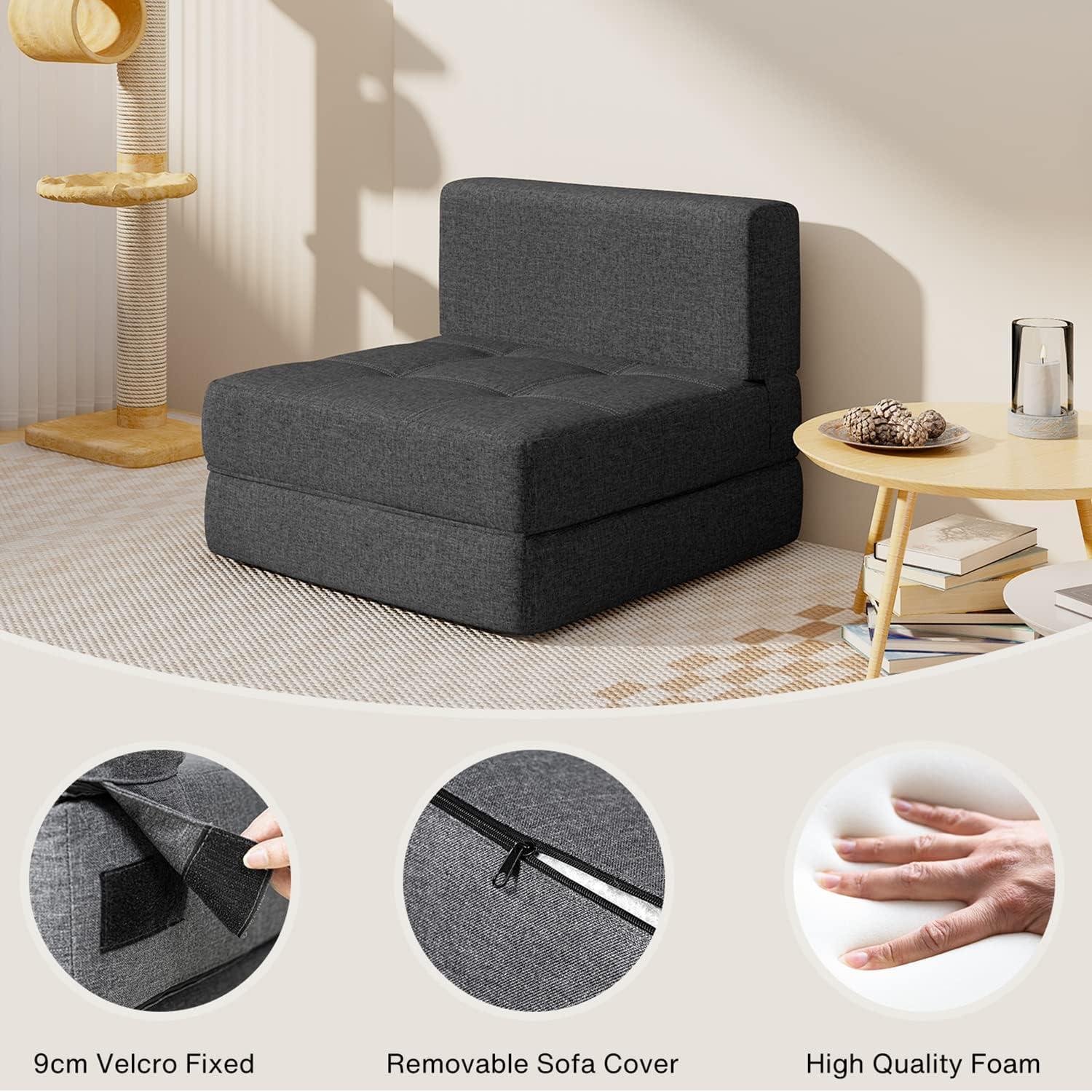 Aiho Sleeper Sofa Bed, Memory Foam Futon Sofa Bed, Convertible Chair Sleeper Floor Couch, Modern Linen Fabric Removable Cover, for Living Room/Apartment/Loft, Dark Grey
