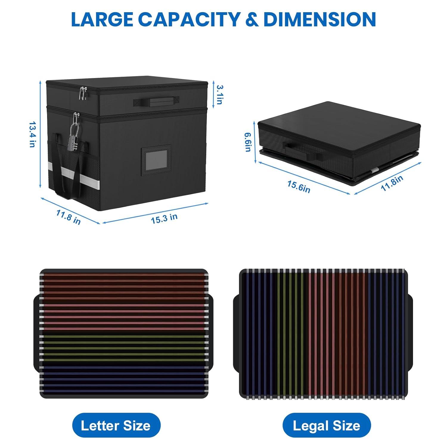 HAMOPY Modern Black Fireproof Document Box, 15.5 x 12.2 x 12.99 inches, 27 Compartments, Collapsible, Portable, Water Resistant, Zipper Closure