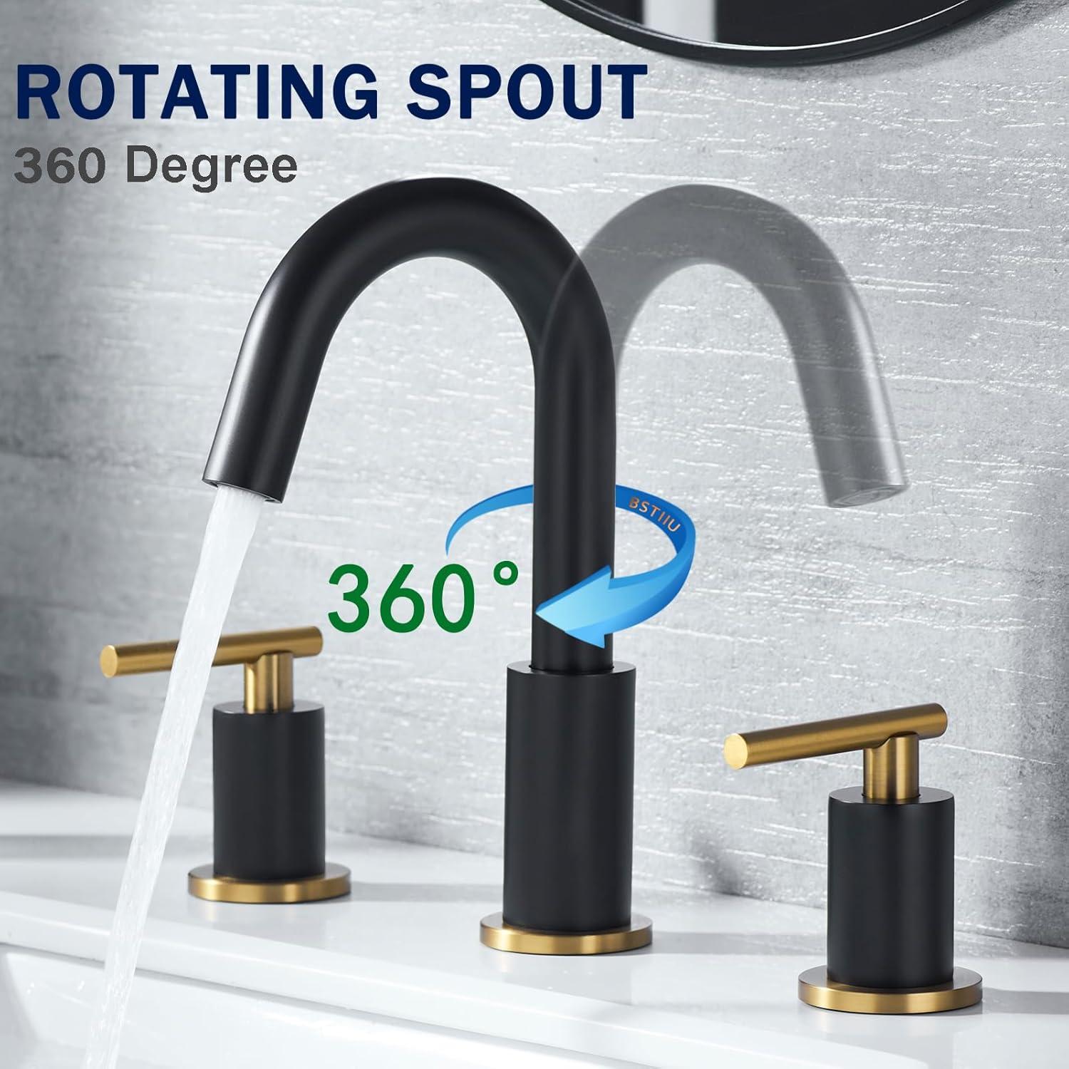 8-Inch Widespread Black and Gold Stainless Steel Bathroom Faucet