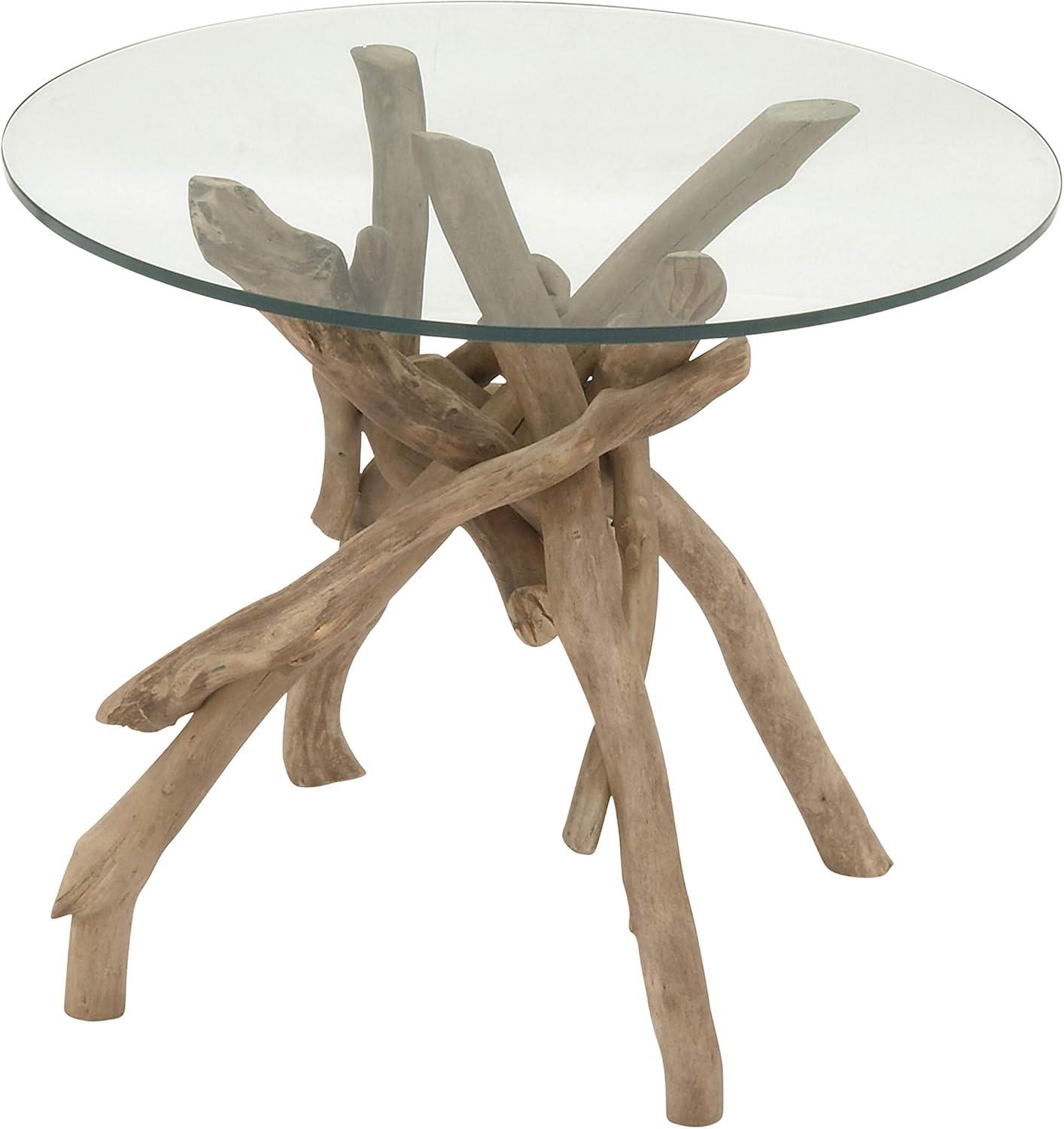 Log and Glass Round Accent Table Tan - Olivia & May: Handmade, No Assembly, Indoor Use