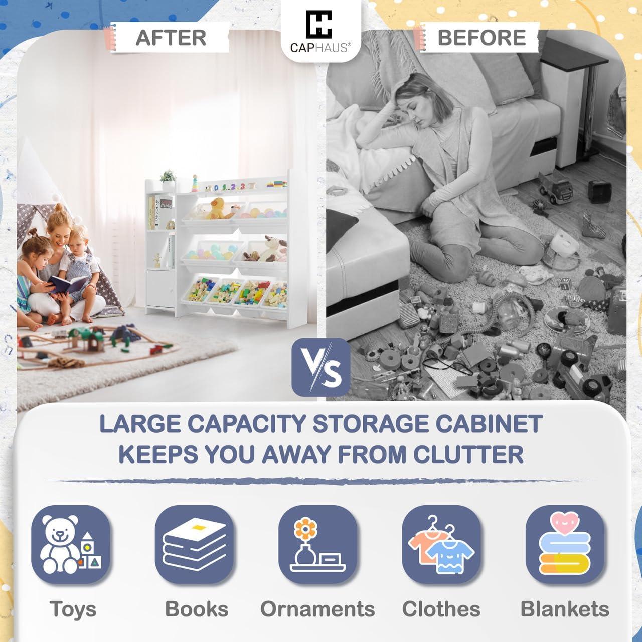 Sturdis Toy Storage Organizer with Bookshelf, Kids Playroom Organization Shelving Unit with Removable Colorful Storage Bins & Anti-Tip Bracket, White