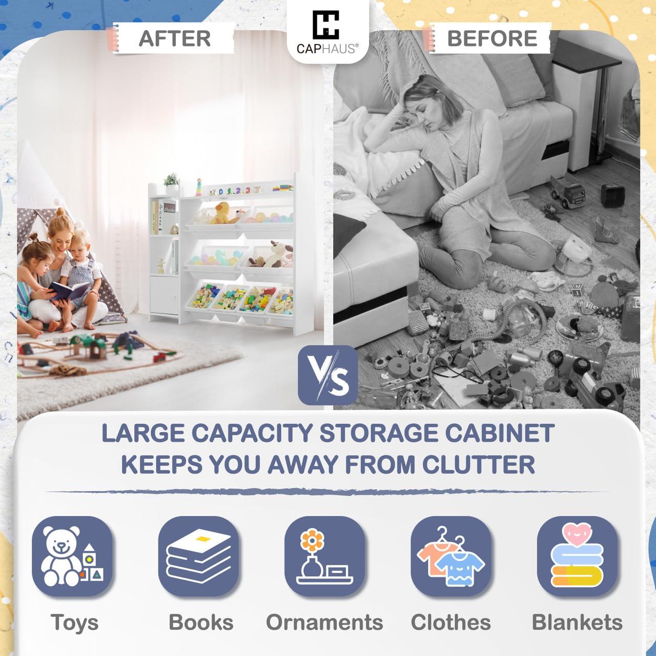 Sturdis Toy Storage Organizer with Bookshelf, Kids Playroom Organization Shelving Unit with Removable Colorful Storage Bins & Anti-Tip Bracket, White