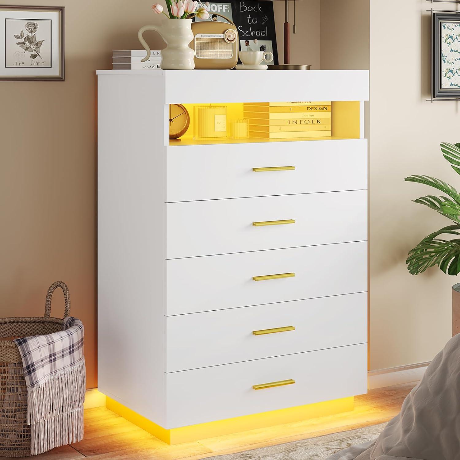 4 Drawer Dresser with LED Lights&Pull Out Tray, Tall Floating Chest of Drawers with Open Storage for Bedroom Living Room, White